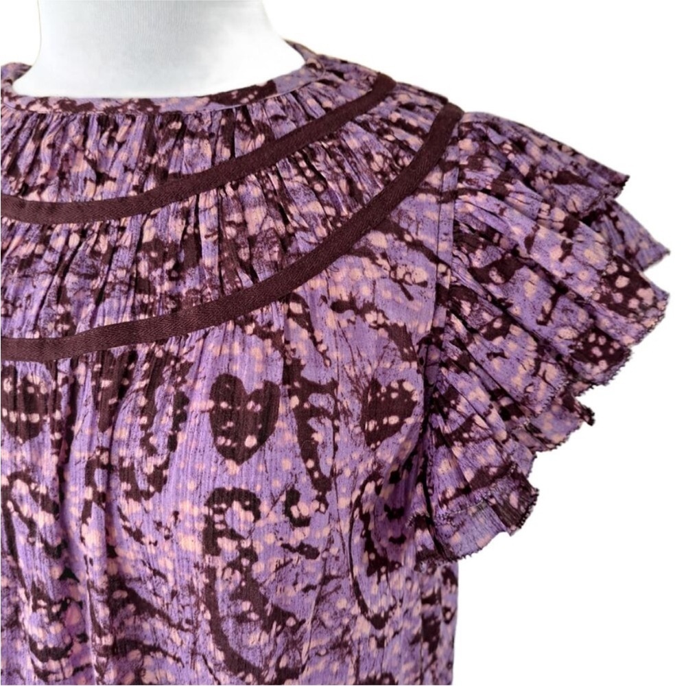 ULLA JOHNSON Amai Blouse Purple Batik Top Size 4 Small Flutter Sleeve Boxy - Picture 5 of 11